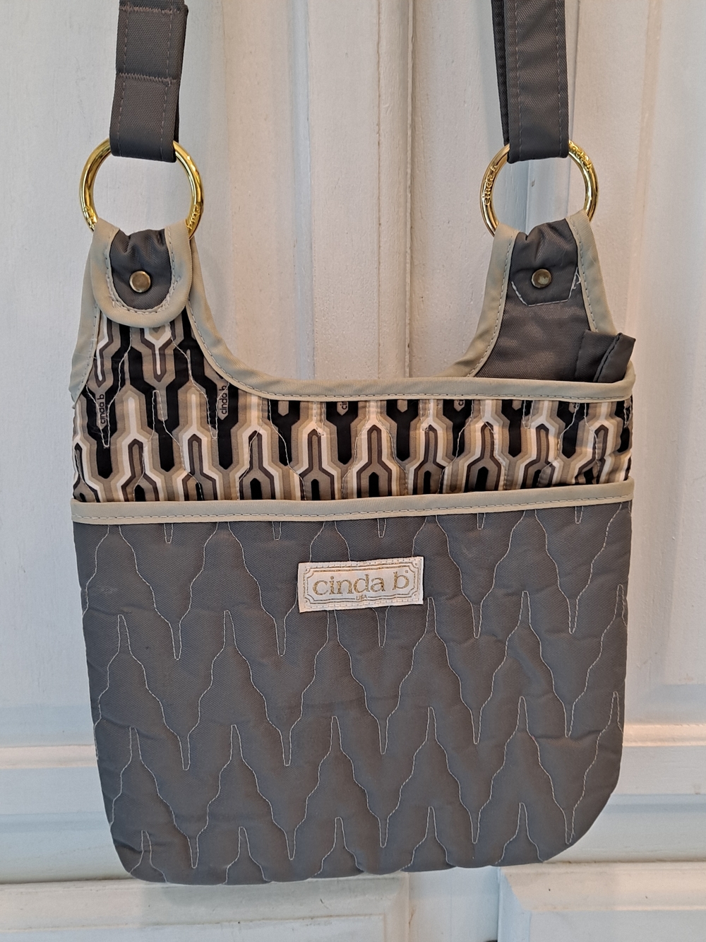 Cinda B Quilted Gray Ergonomical Hipster Crossbody Bag w/Geometric Accent